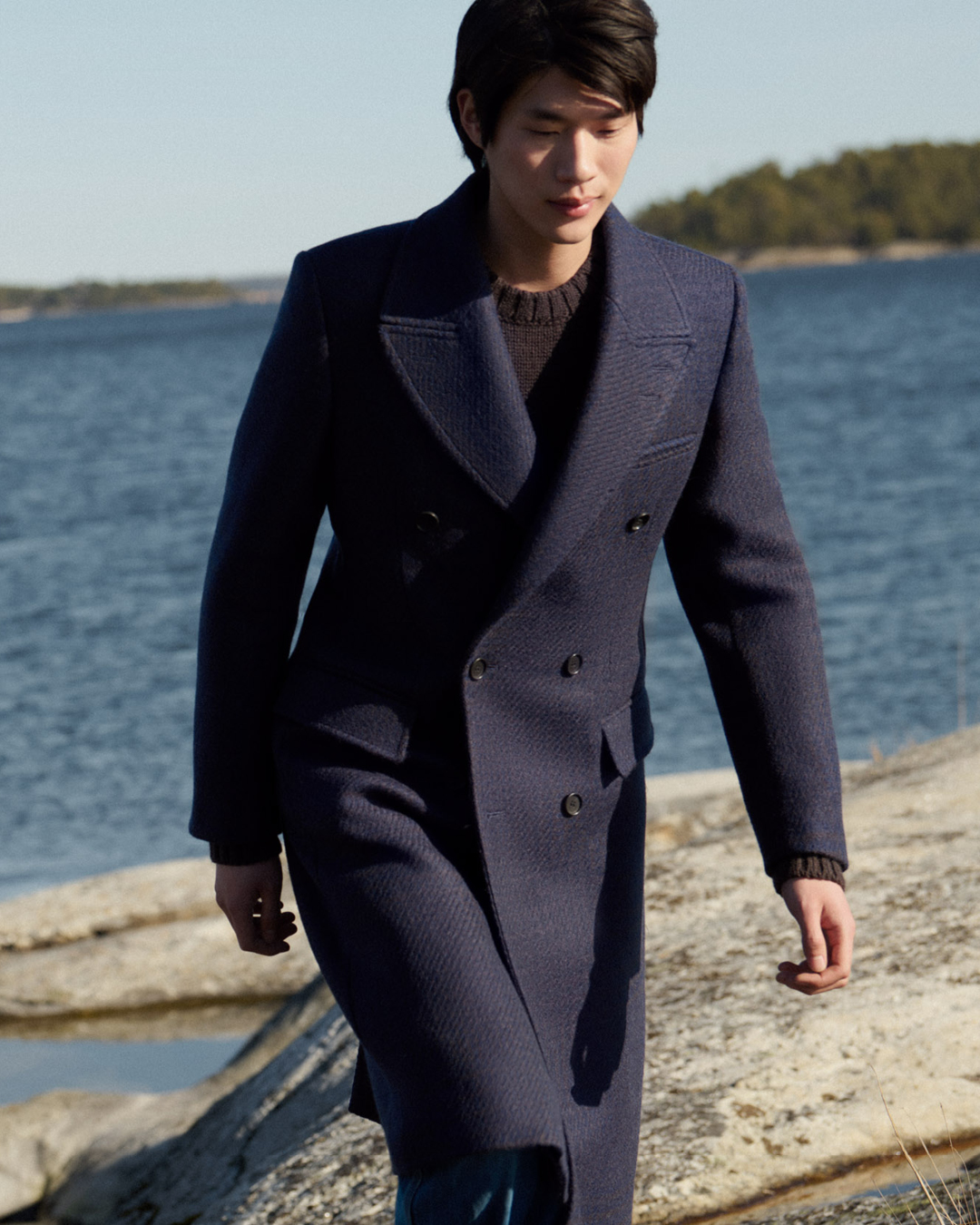 Man in navy Swedish Wool coat